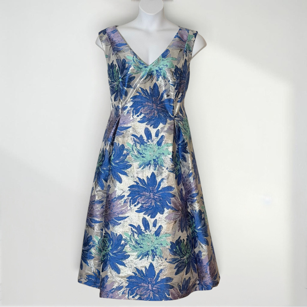 Adrianna Papell 16W Blue Silver Metallic Jacquard Midi Dress Pockets Wedding - Picture 2 of 13